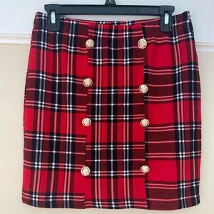 Red, black, white plaid patterned skirt, gold detailed buttons - labeled size L
